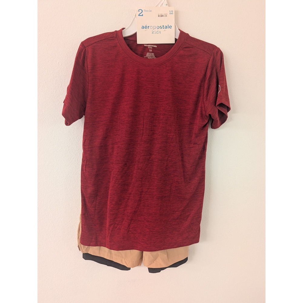 Aeropostale Kids Boys 2 Piece Set Dri Fit Red Shirt Khaki Shorts Size 12 NWT